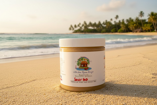 Jar of four top premium Irish sea moss gel on a kitchen counter